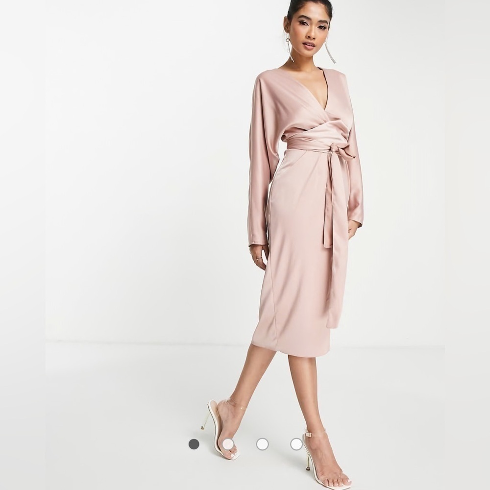 ASOS DESIGN midi dress with batwing sleeve and wrap waist in tan satin sz 4